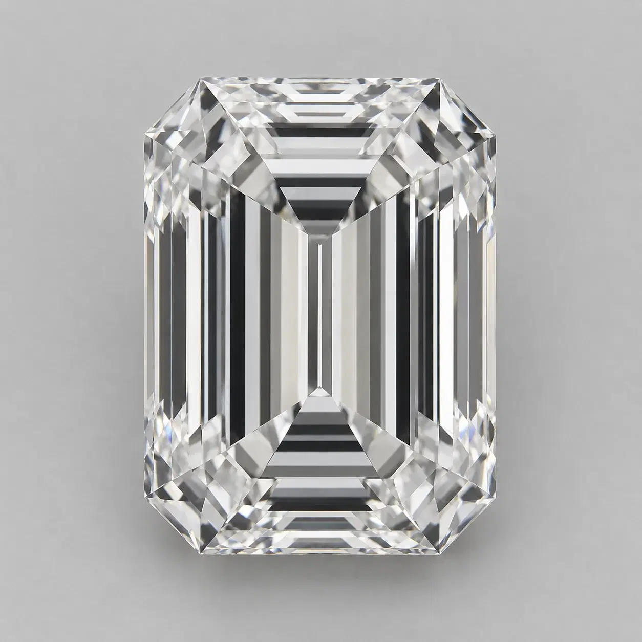 Loose emerald-cut lab-grown diamond showing its rectangular outline and clipped corners.