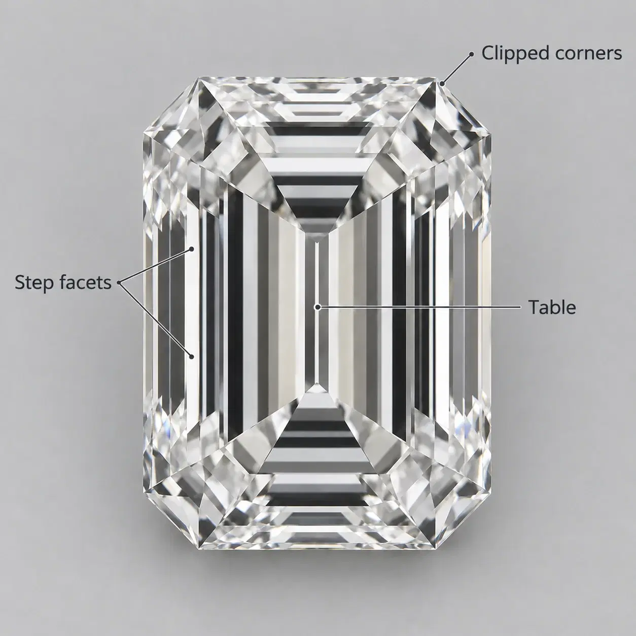 Emerald-cut diamond with its table, step facets and clipped corners labelled.