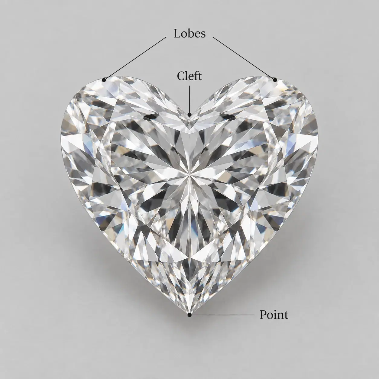 Heart-shaped diamond with its lobes, central cleft and lower point labelled