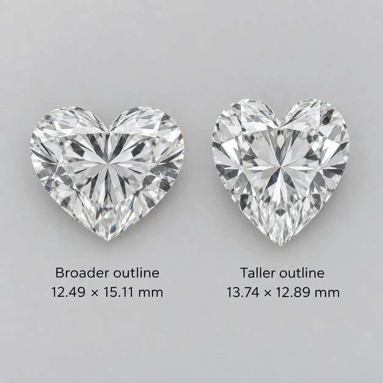 Broader and taller heart-shaped diamonds compared with their millimetre measurements