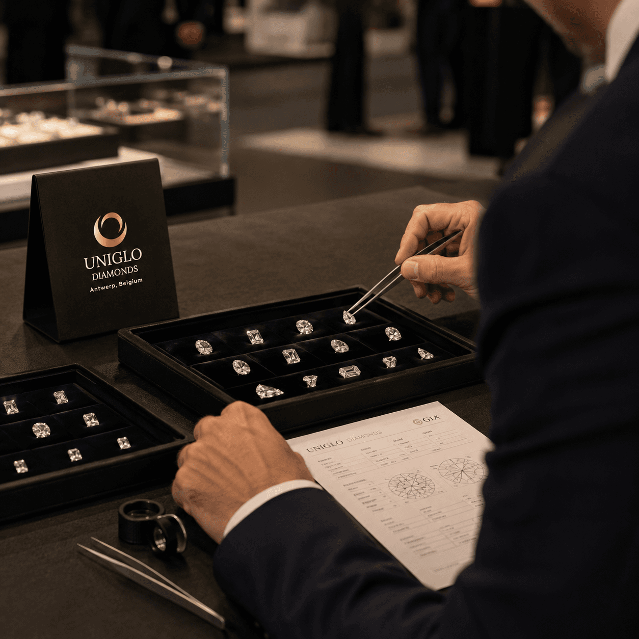 Acquirente di diamanti naturali che incontra Uniglo Diamonds all'INHORGENTA
