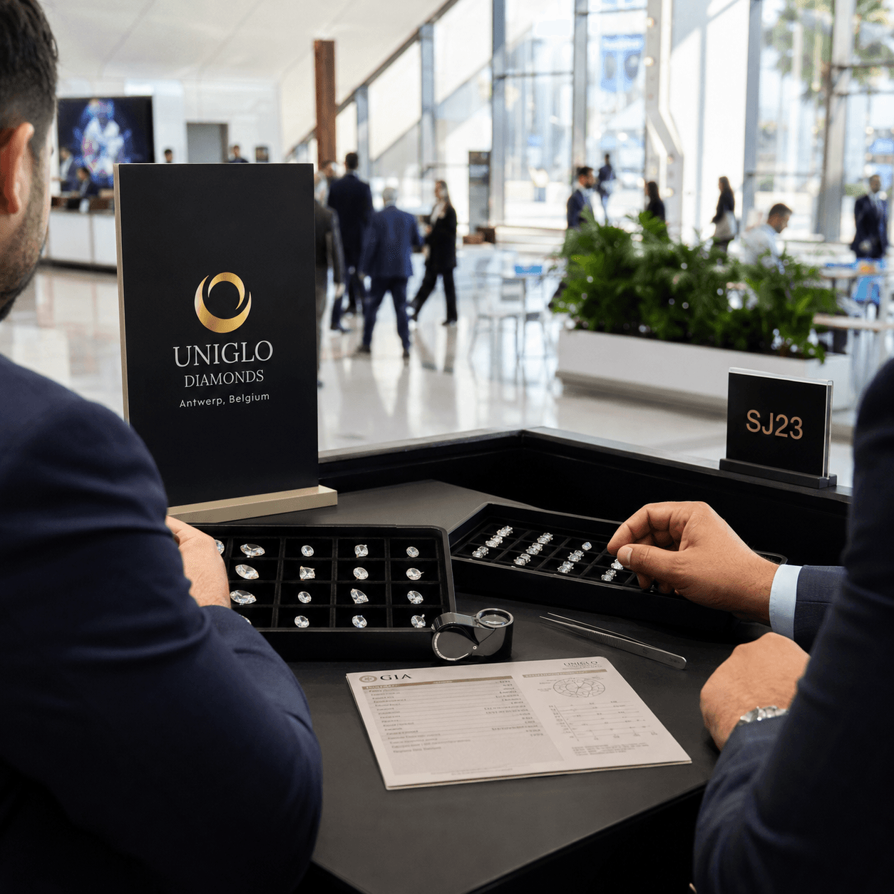 Diamond buyer meeting Uniglo Diamonds at stand SJ23 during JGTD Dubai