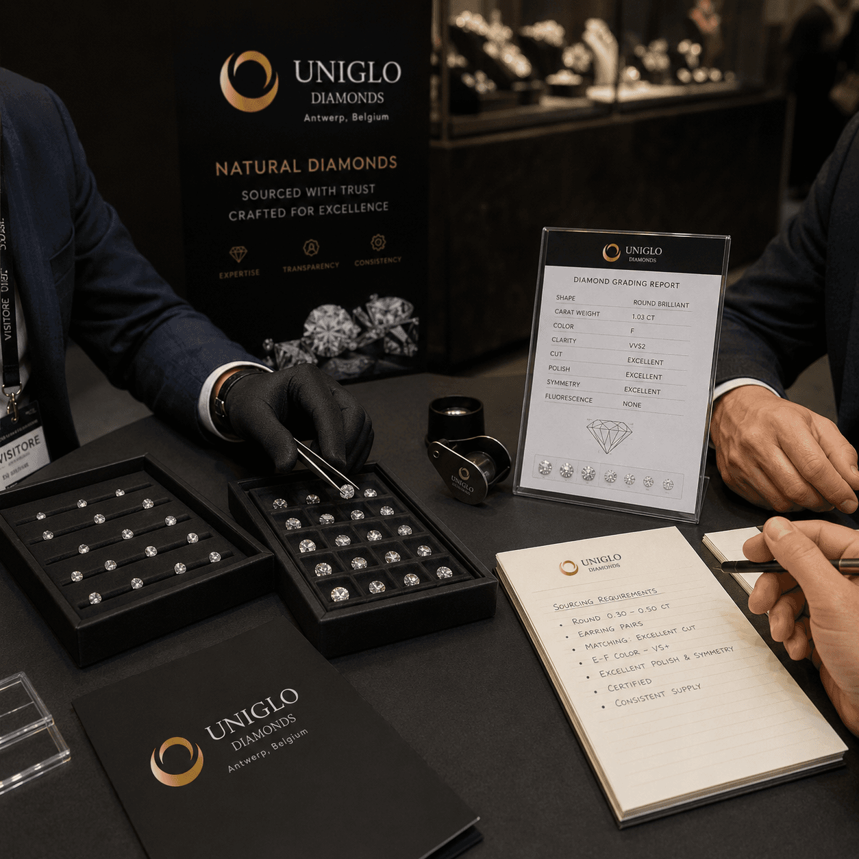 Acquirente di diamanti che incontra Uniglo Diamonds a Vicenzaoro 2026