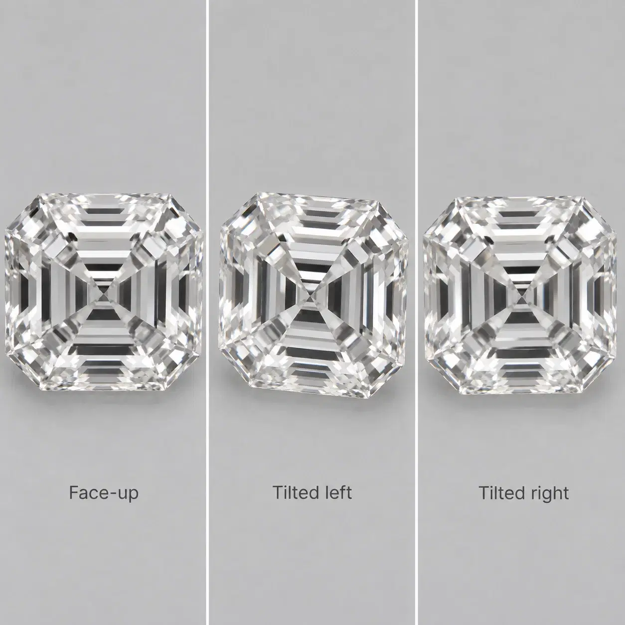 Asscher diamond viewed at three angles showing changing reflections across its step facets