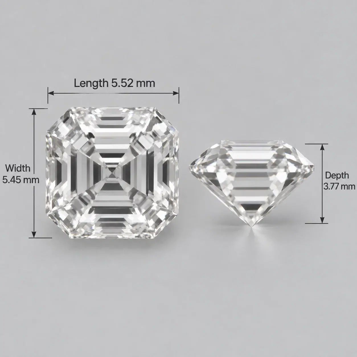 Top and side views of an Asscher diamond showing its length, width and depth