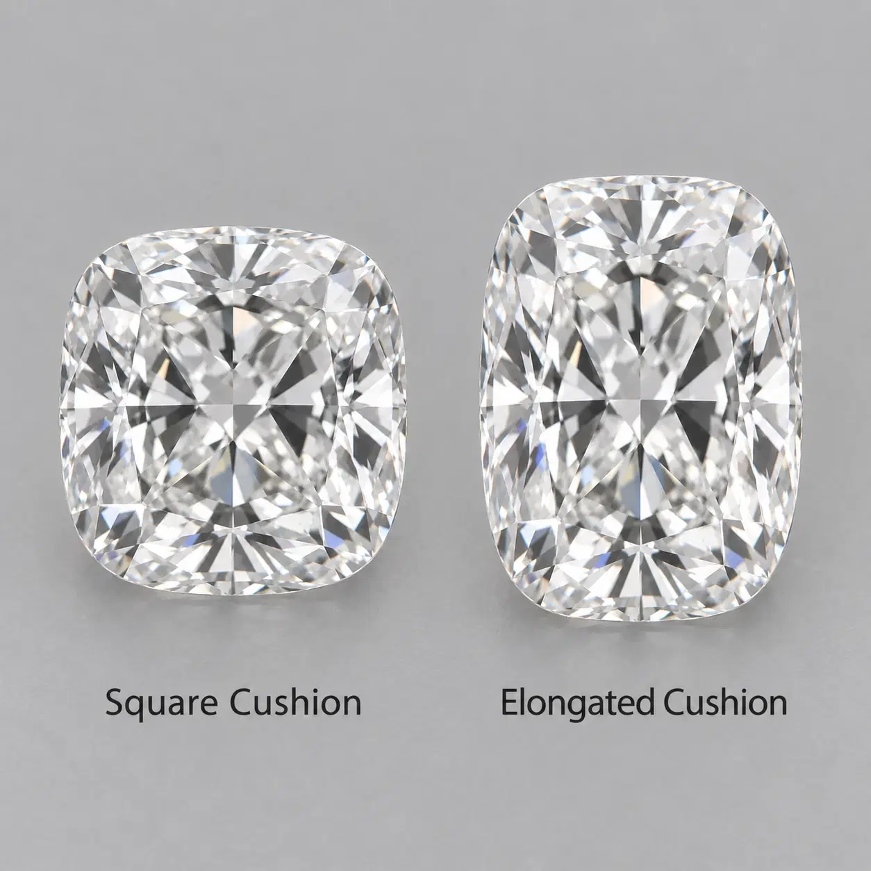 Square and elongated cushion-cut lab-grown diamonds shown side by side