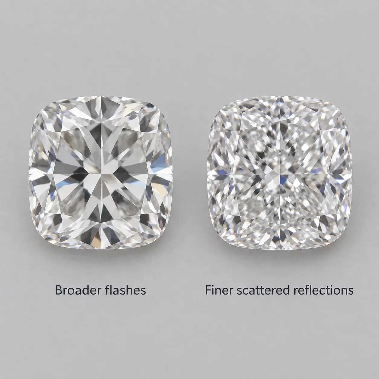 Cushion diamonds showing broad flashes and finer scattered reflections