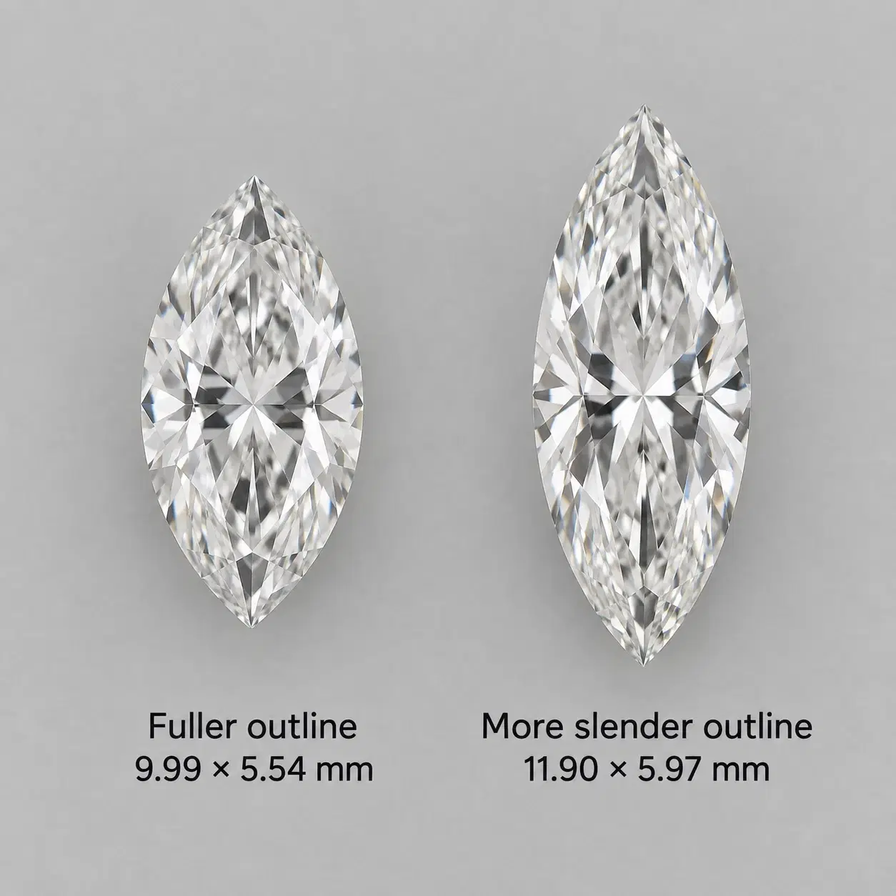 Marquise diamonds with fuller and more elongated outlines shown with their measurements