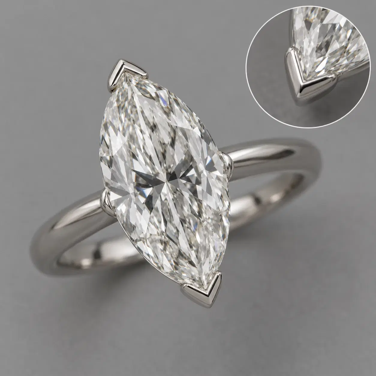 Marquise diamond secured with protective V-shaped prongs at both ends