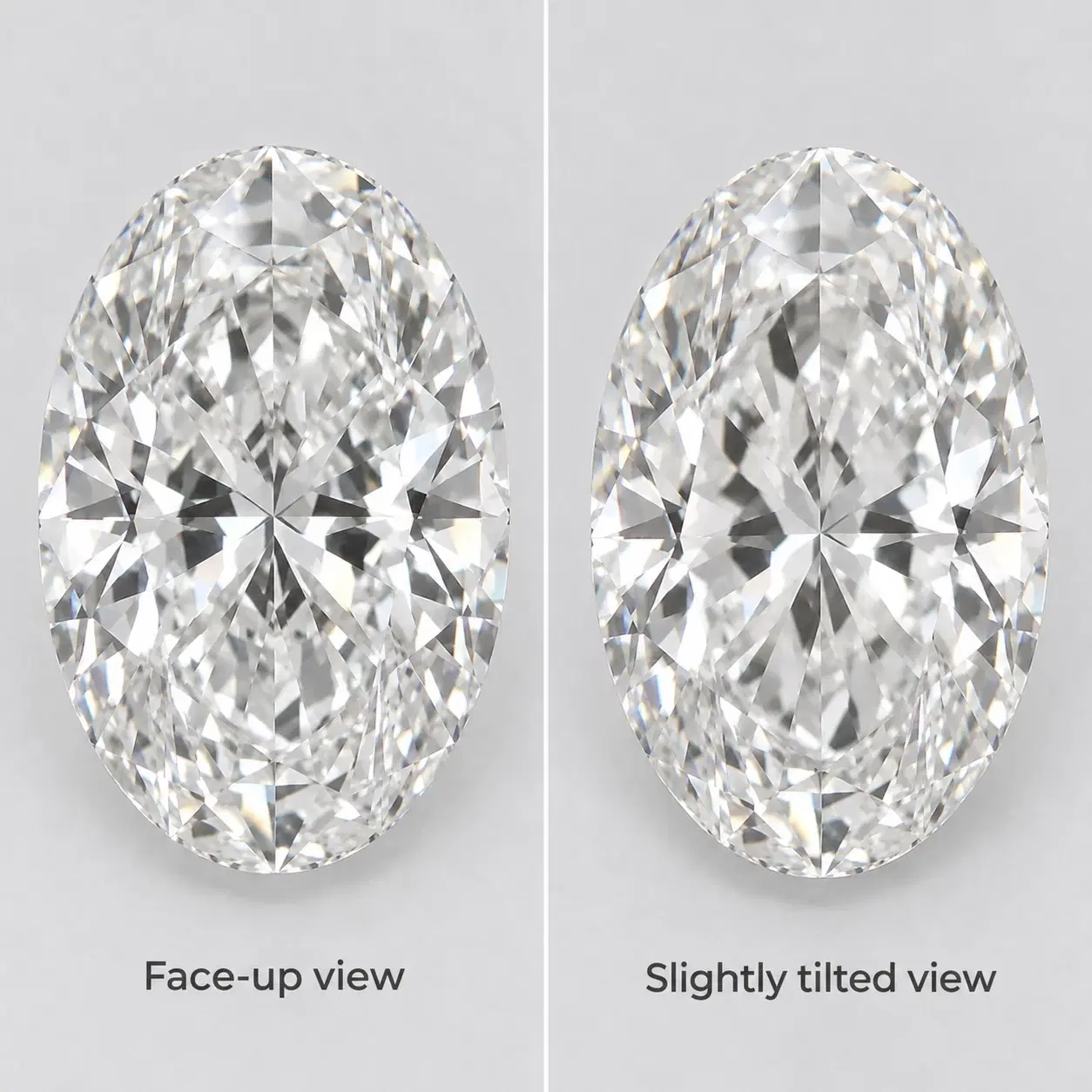 Oval diamond viewing-angle comparison showing central contrast.