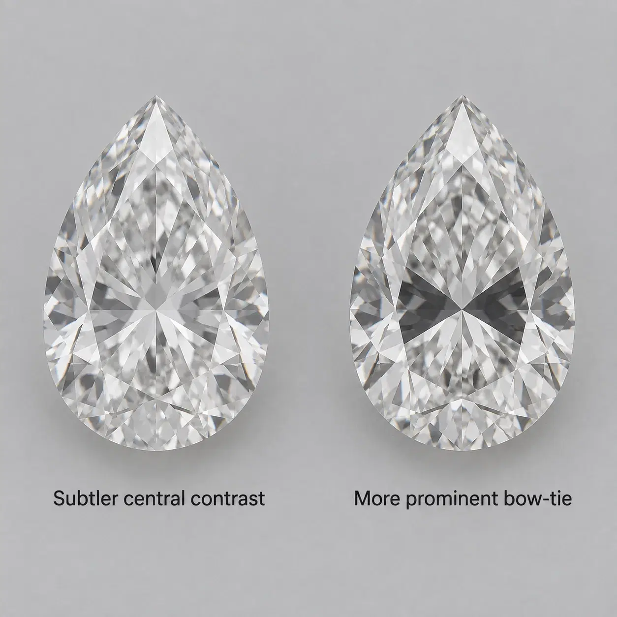 Pear diamonds showing different levels of central bow-tie contrast