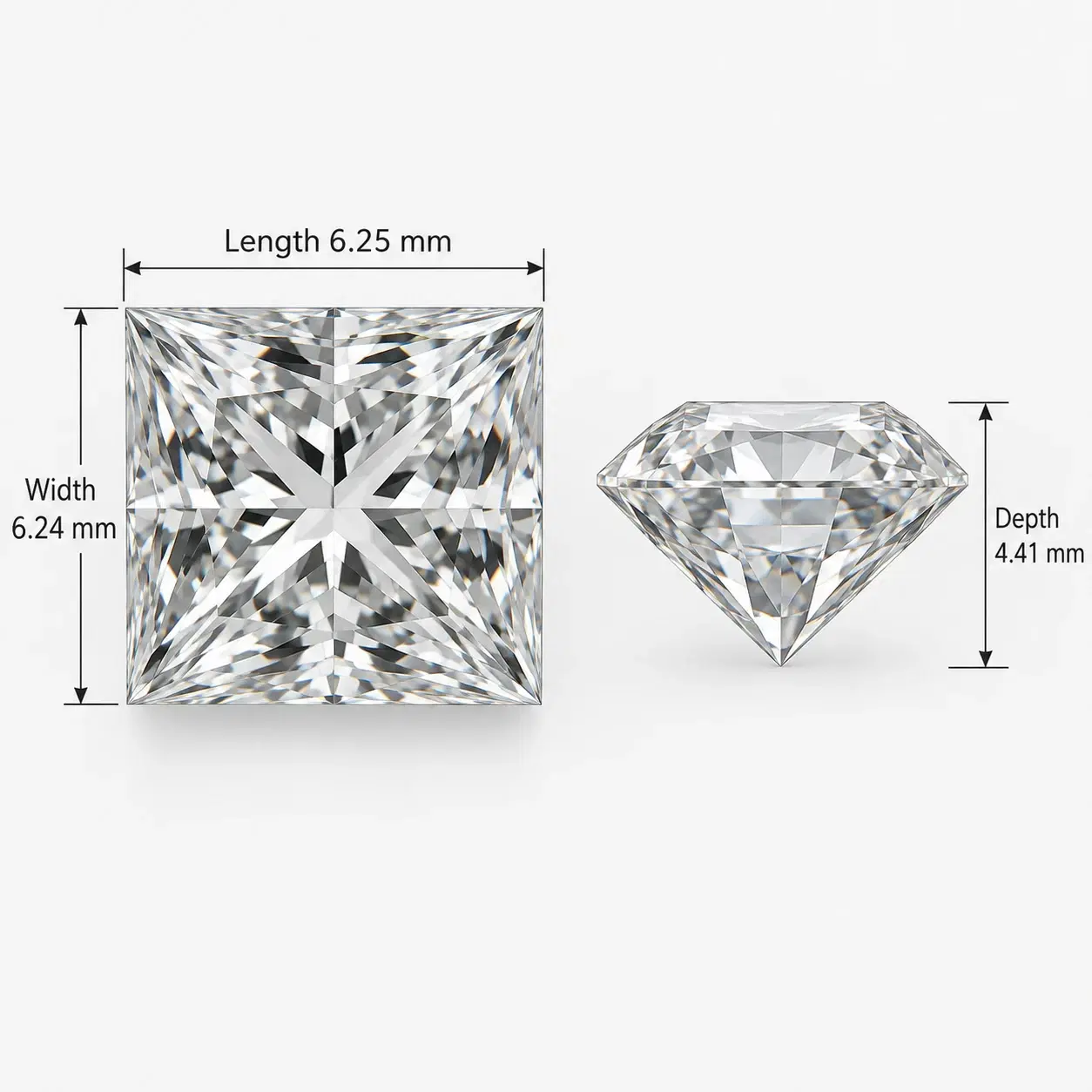 Top and side views of a Princess diamond showing length, width and depth