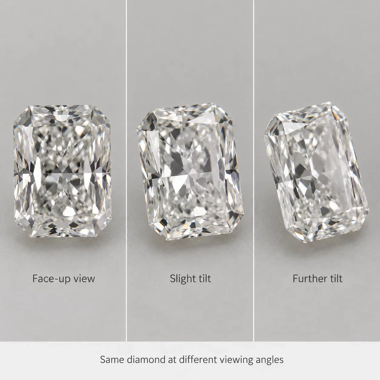 Radiant diamond viewing-angle comparison showing different reflections.