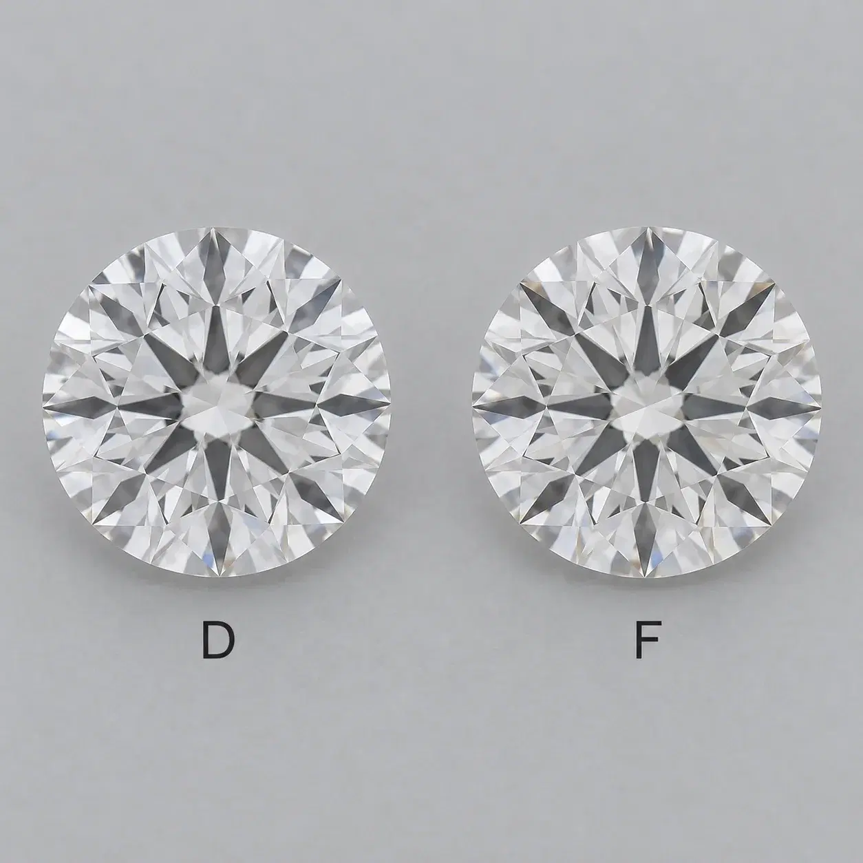 Illustrative side-by-side D and F colour diamond comparison.