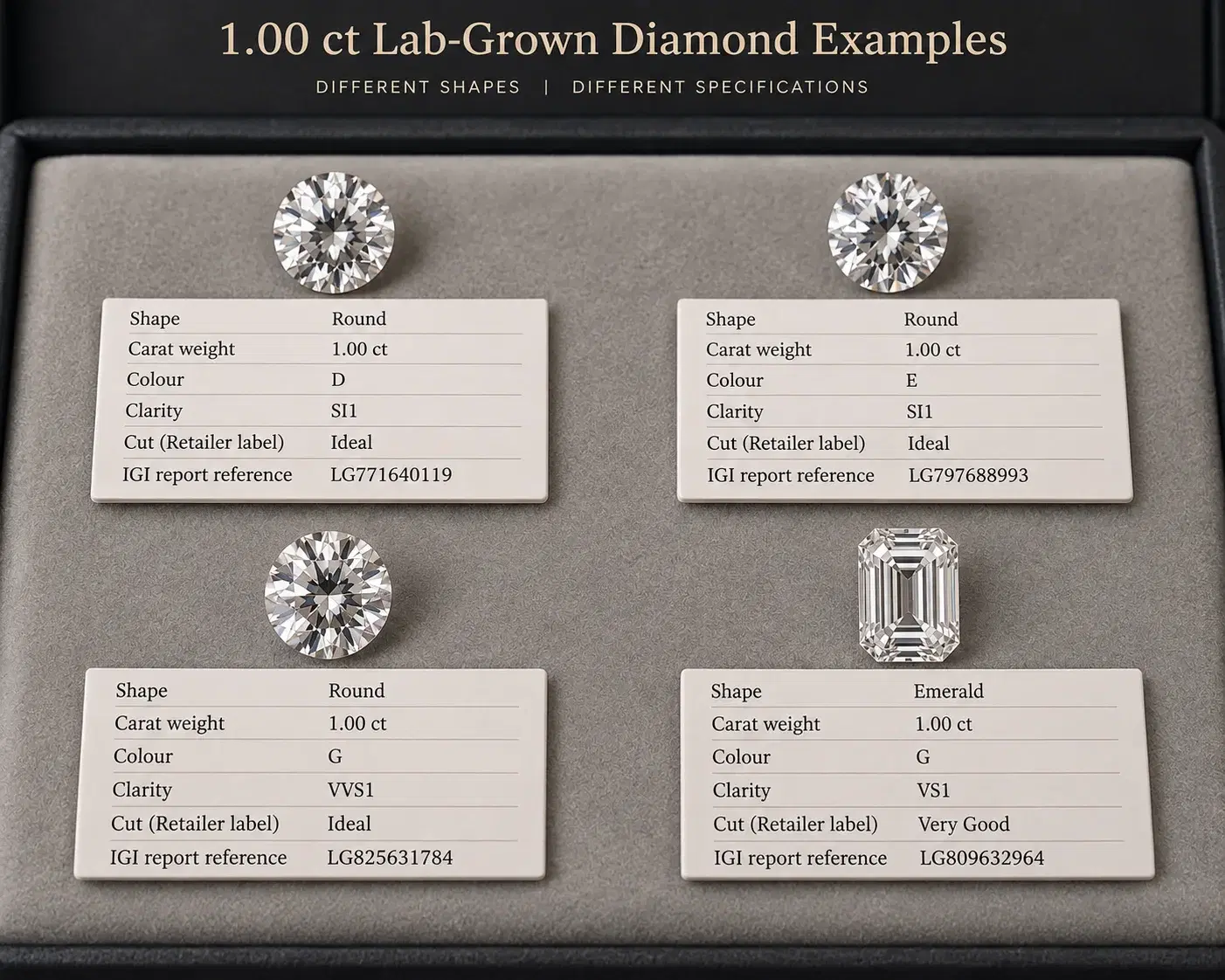 Illustrative one-carat diamond examples beside specification cards.