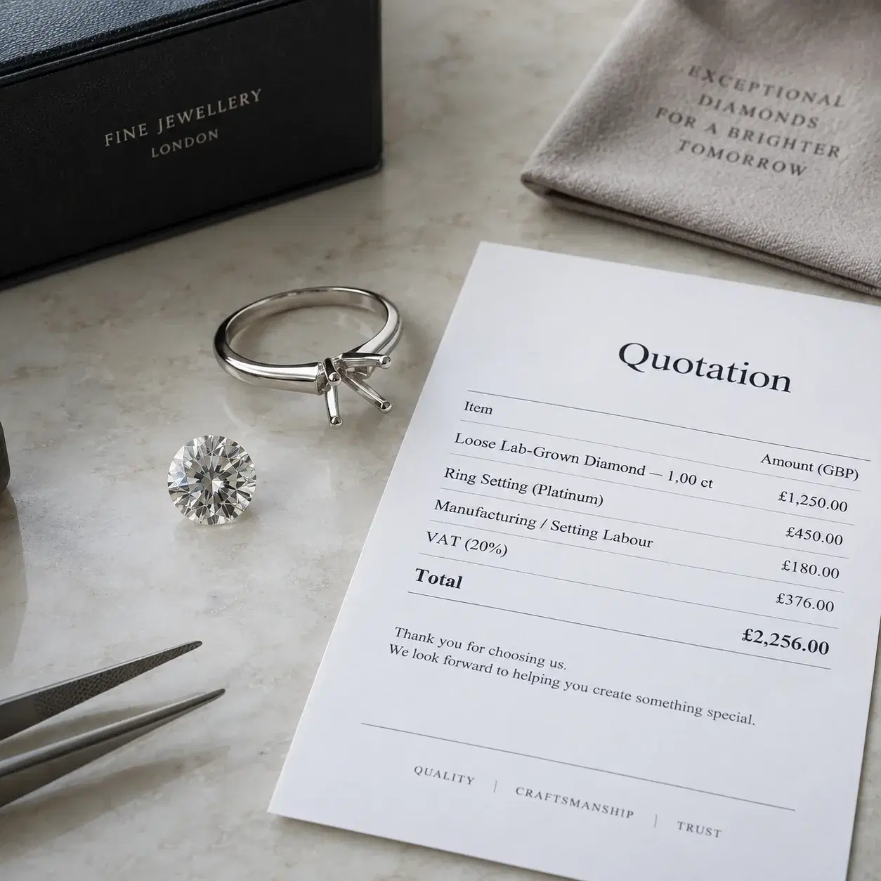 Illustrative diamond, ring setting and itemised quotation.