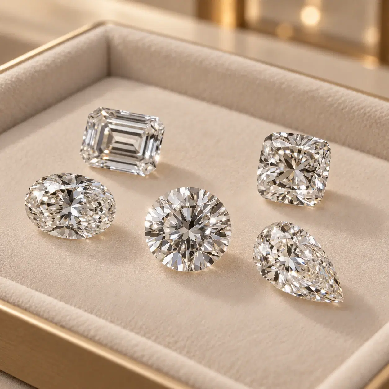 Loose diamonds in several shapes arranged on a jewellery tray.