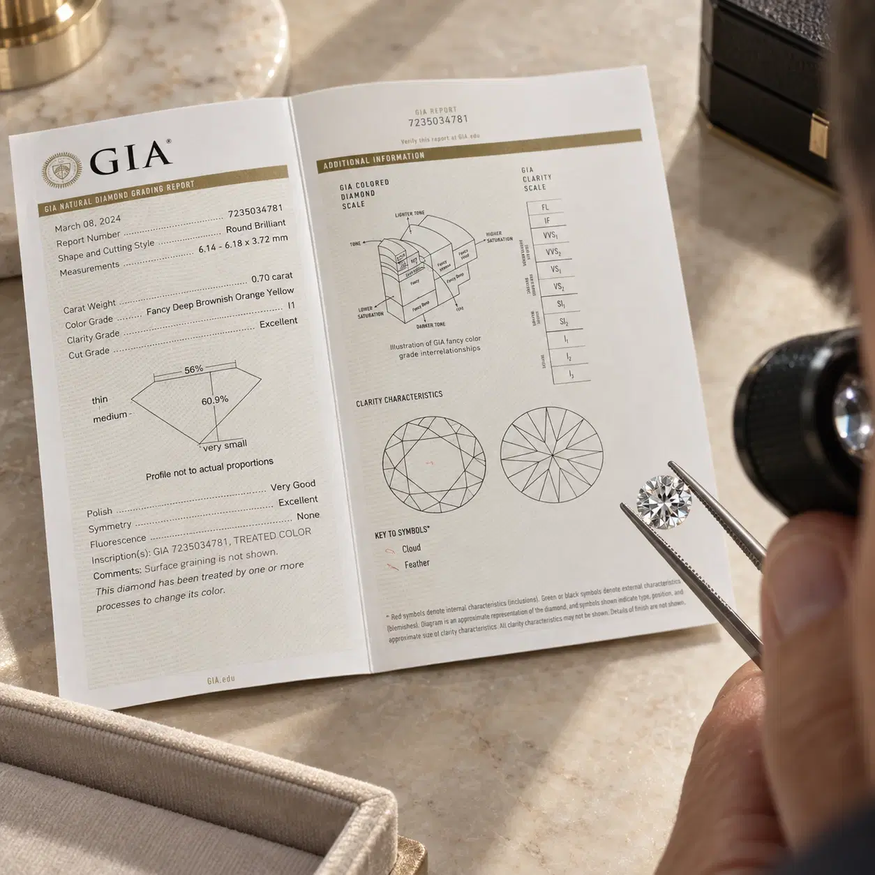 Diamond and grading report shown during examination.