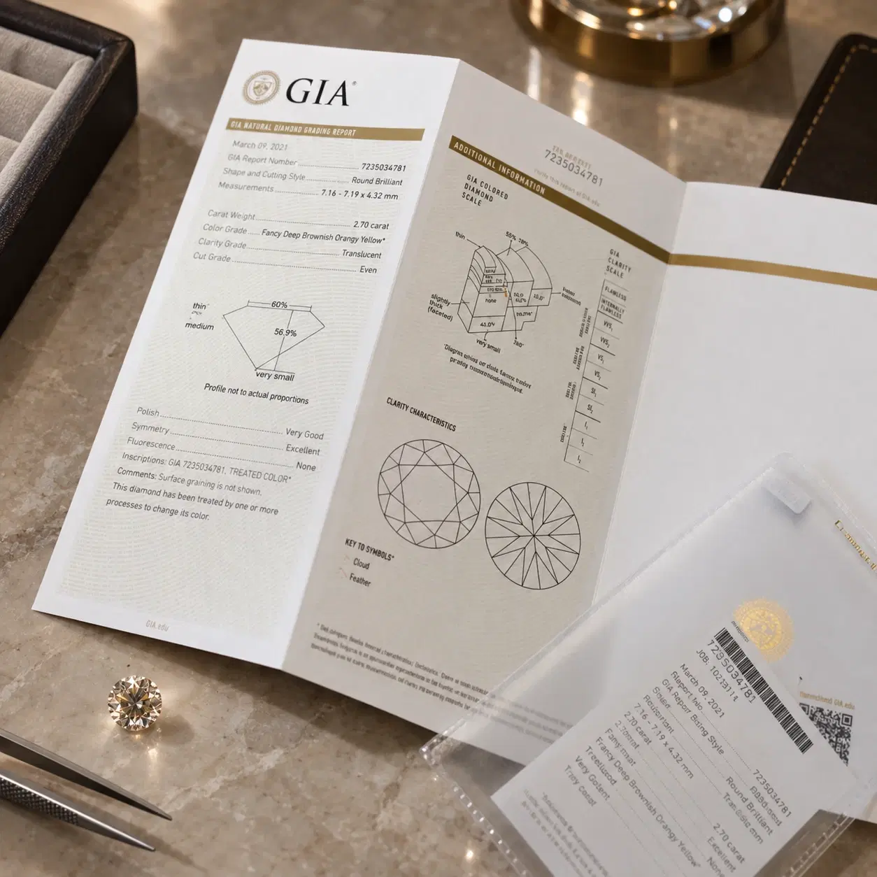 Diamond beside a GIA grading report.