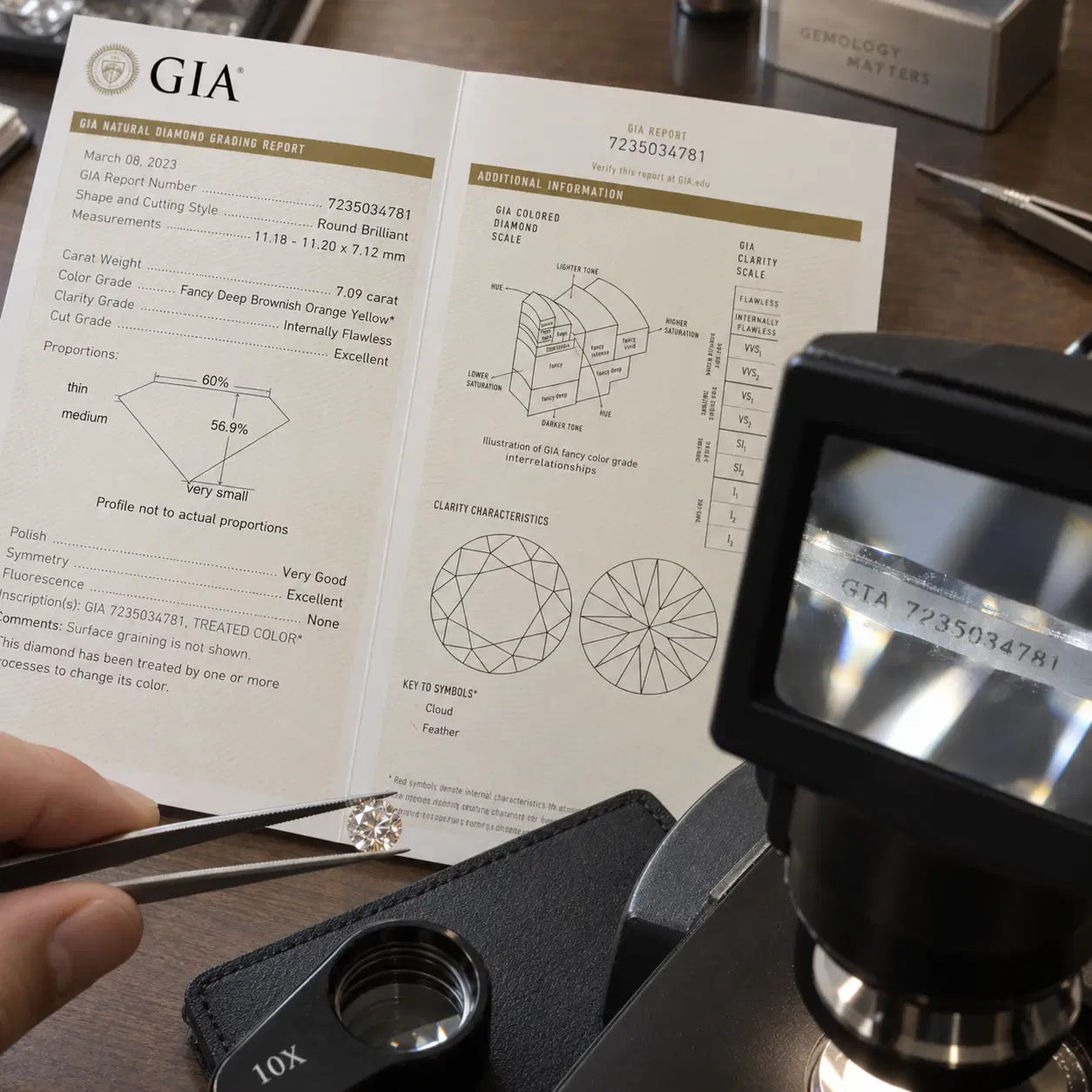 Diamond examination beside a GIA grading report.