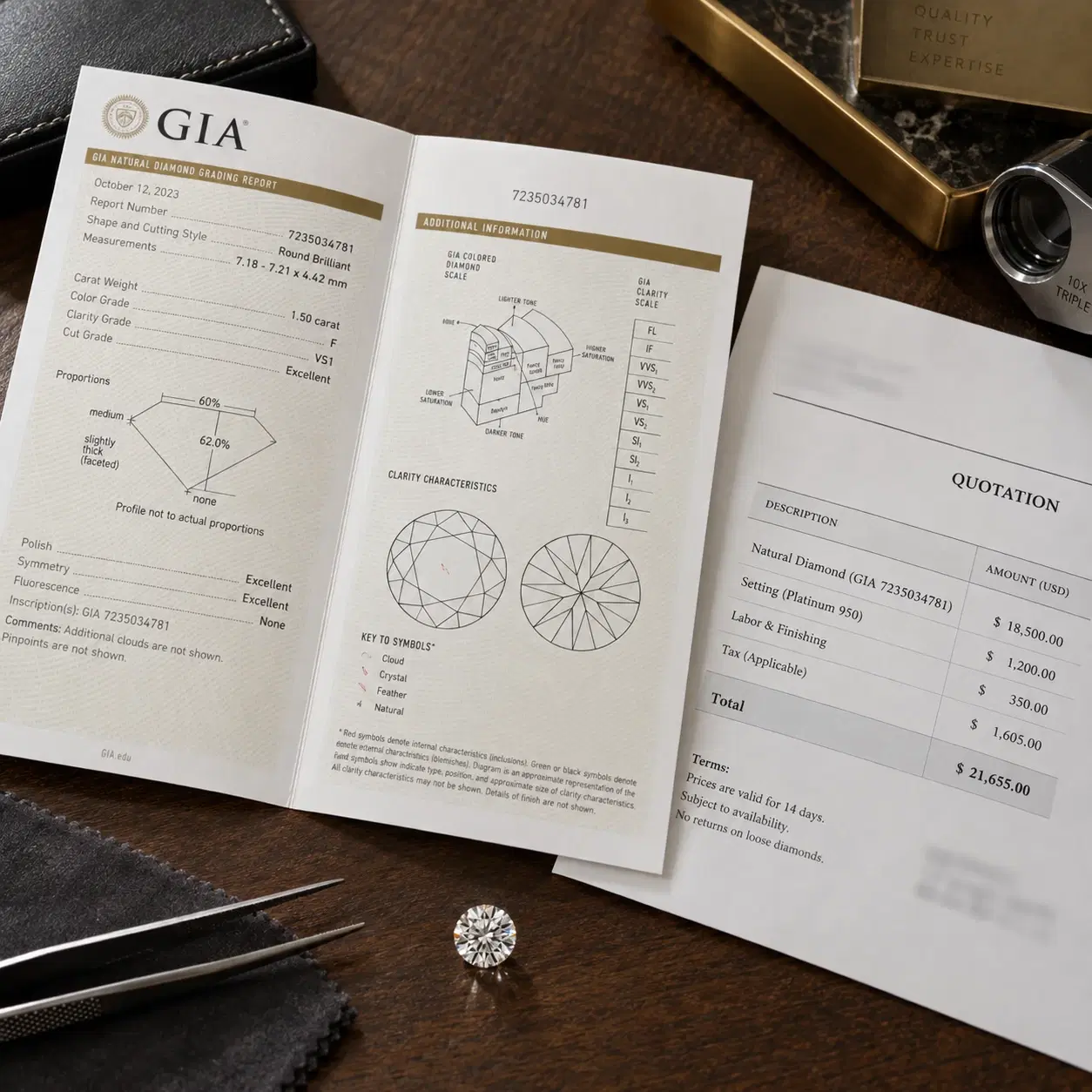 Diamond beside a grading report and quotation paperwork.