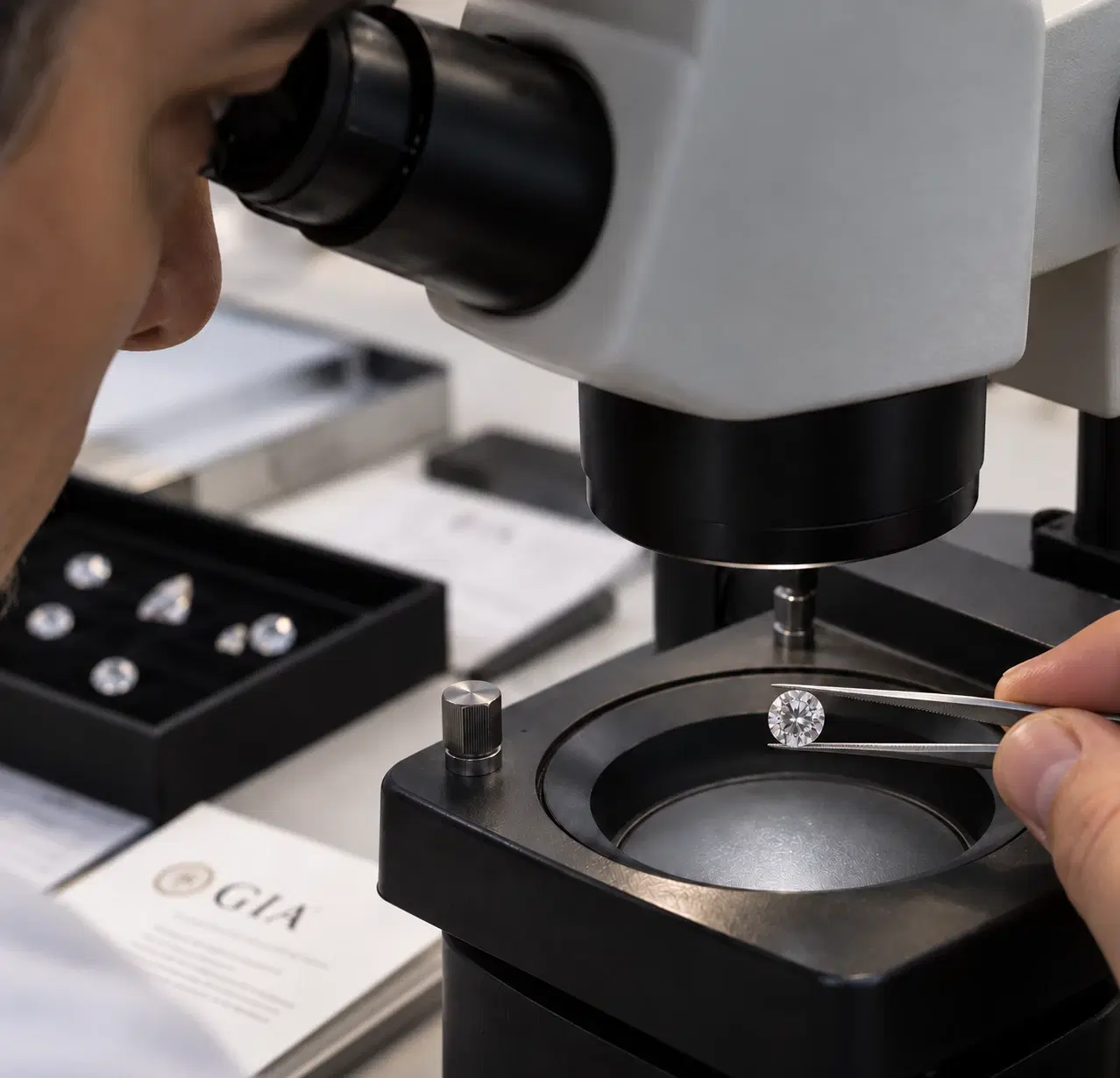 Diamond examination under a microscope.