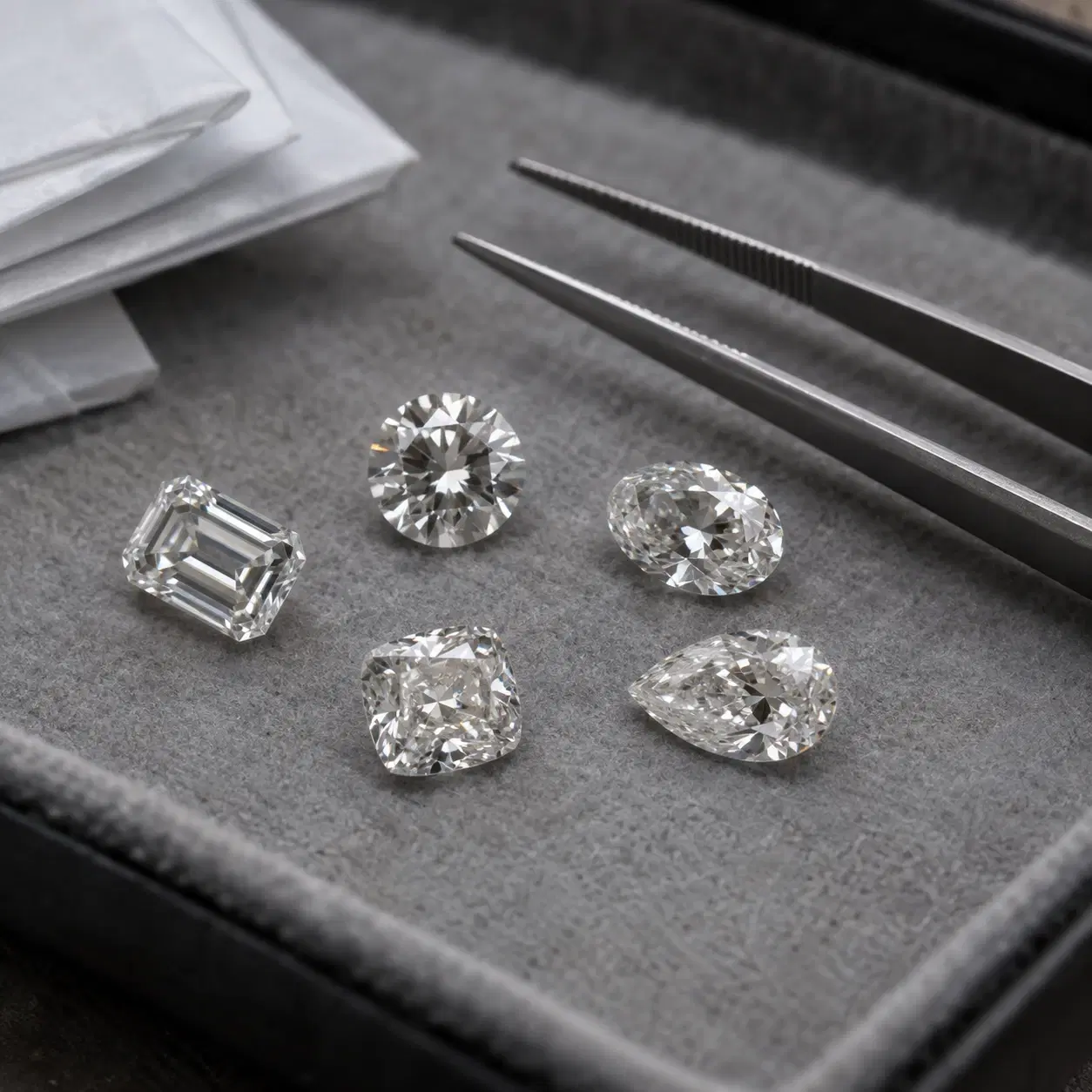 Loose diamonds on a sorting tray with tweezers and diamond papers.