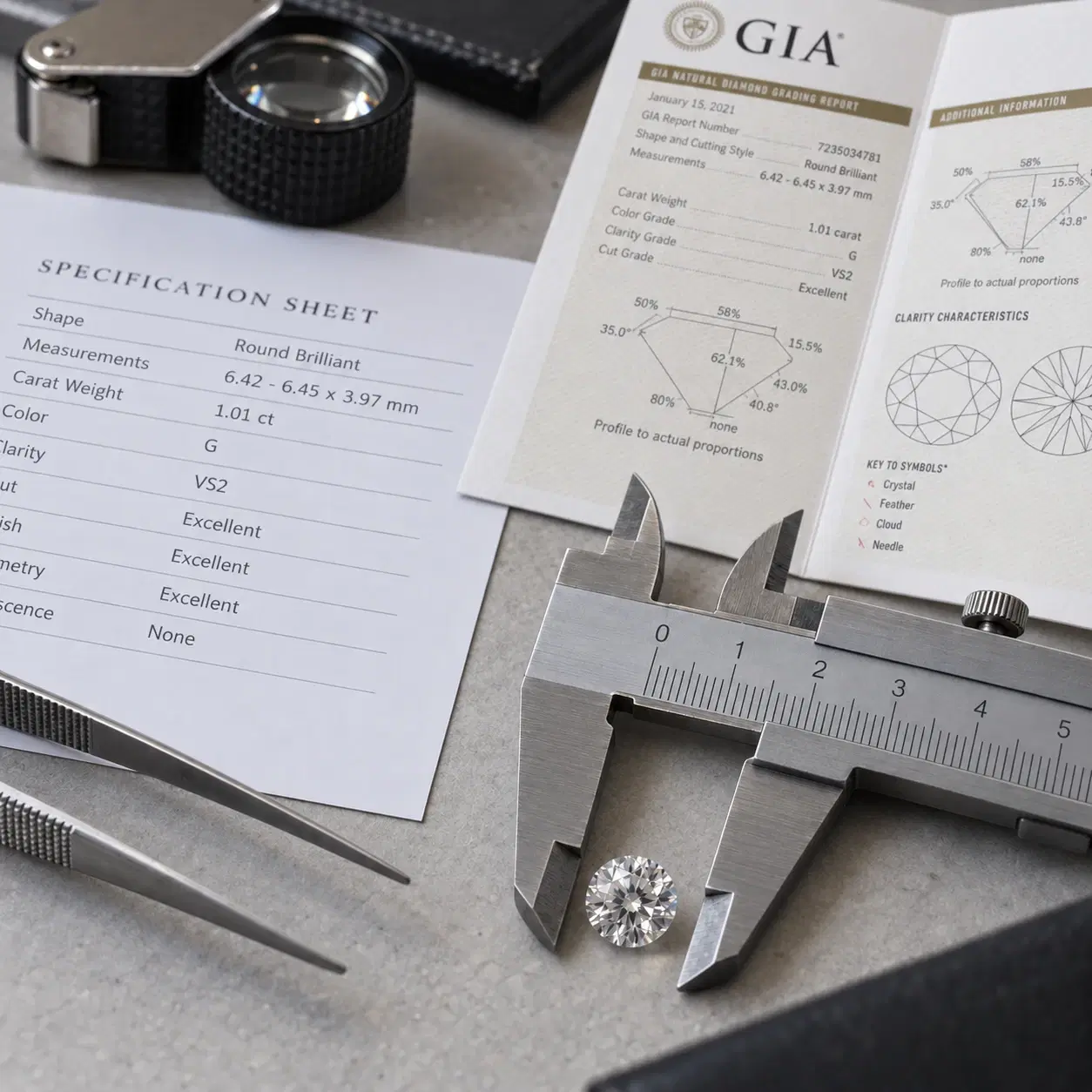 Diamond being measured beside its grading report and specification sheet.