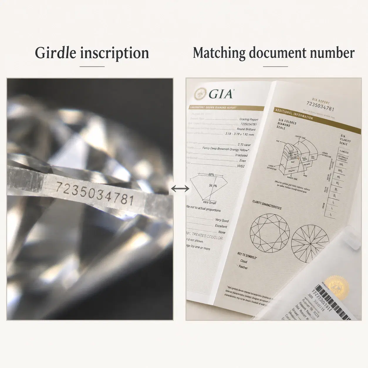 Illustrative diamond girdle inscription and laboratory document comparison.