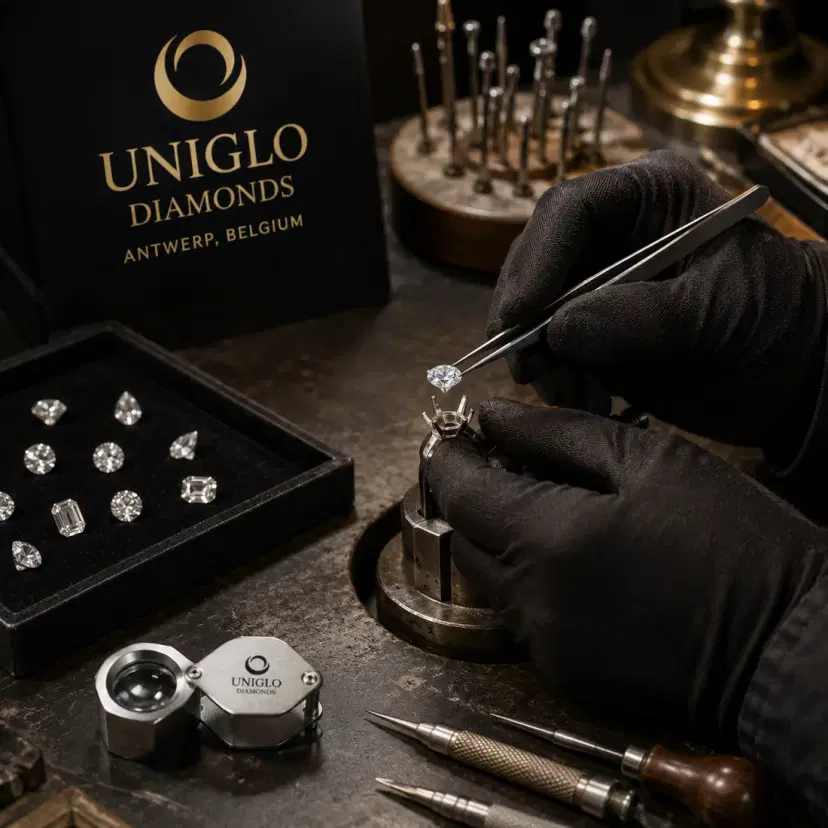 A jeweller setting a diamond into a ring mount at the Uniglo Diamonds workshop bench in Antwerp