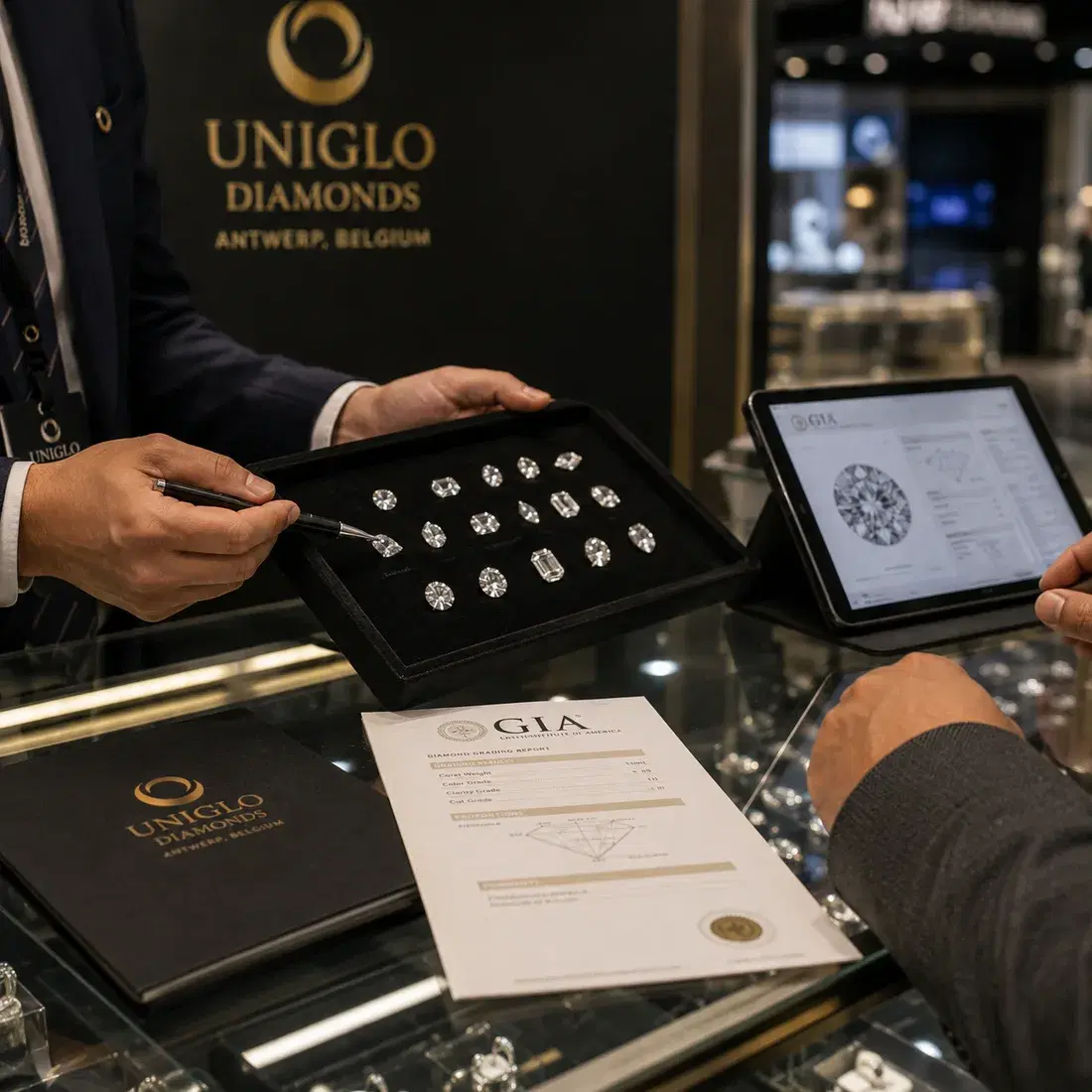 A Uniglo specialist reviewing loose diamonds with a buyer alongside a GIA diamond grading report