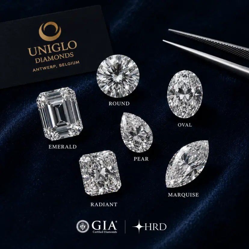 Certified emerald, round, pear, oval, radiant and marquise cut diamonds displayed with GIA and HRD grading marks