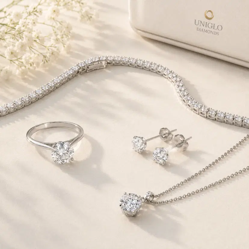 A Uniglo diamond tennis bracelet, solitaire ring, stud earrings and pendant arranged beside a Uniglo Diamonds presentation box