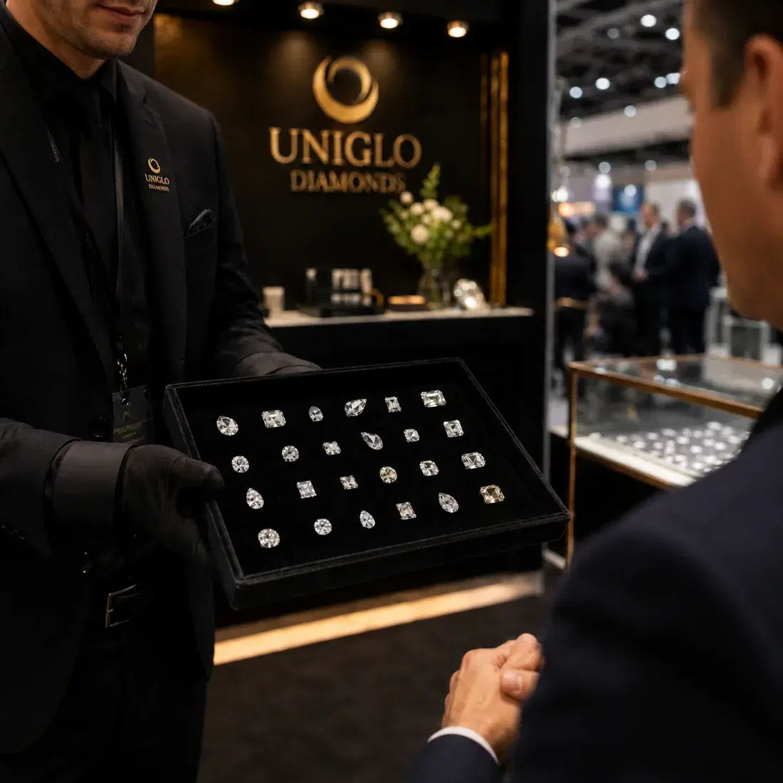 A Uniglo Diamonds specialist presenting a tray of loose certified diamonds to a buyer at the Uniglo trade-show stand