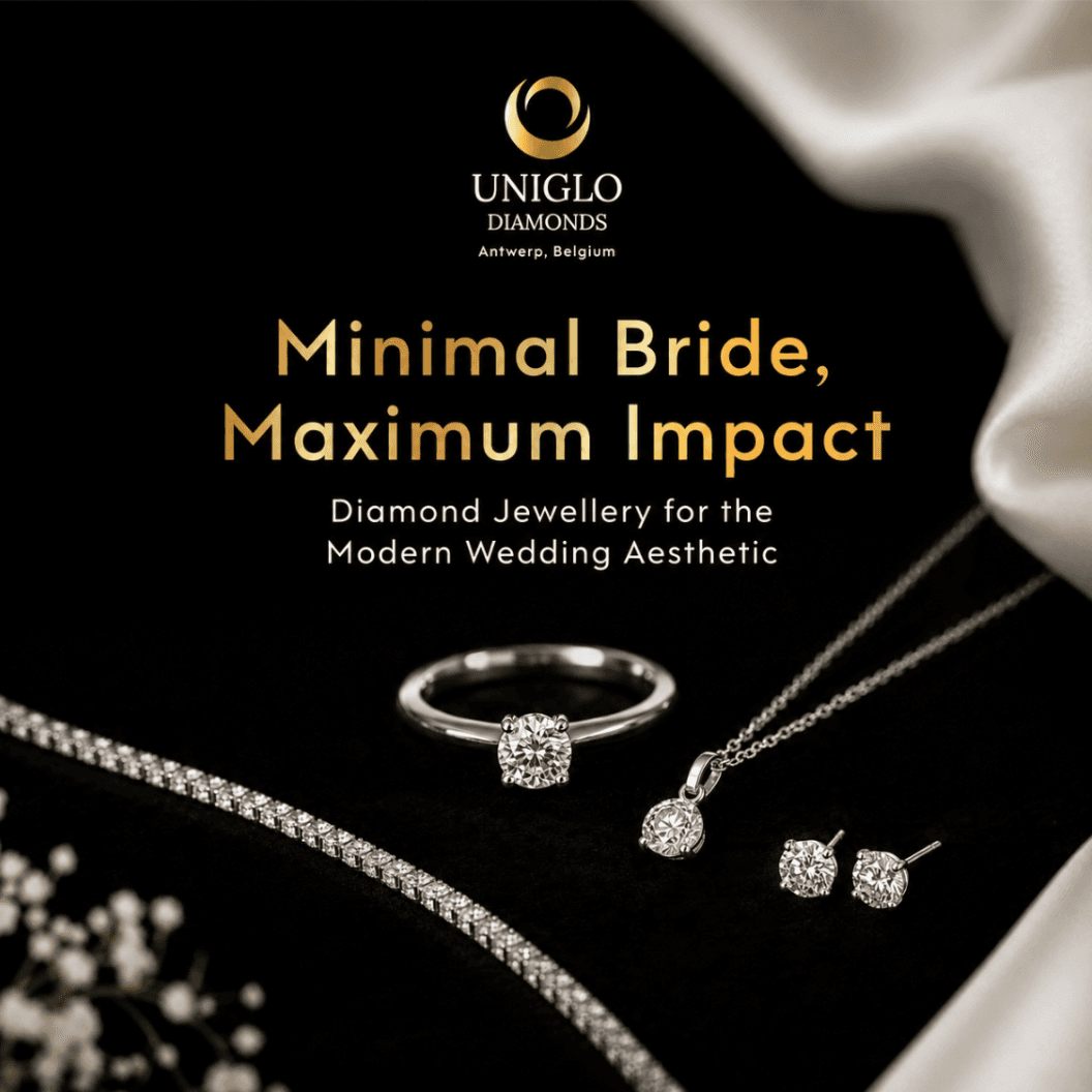 Complementary minimal diamond bridal jewellery pieces styled together without an exact matching set